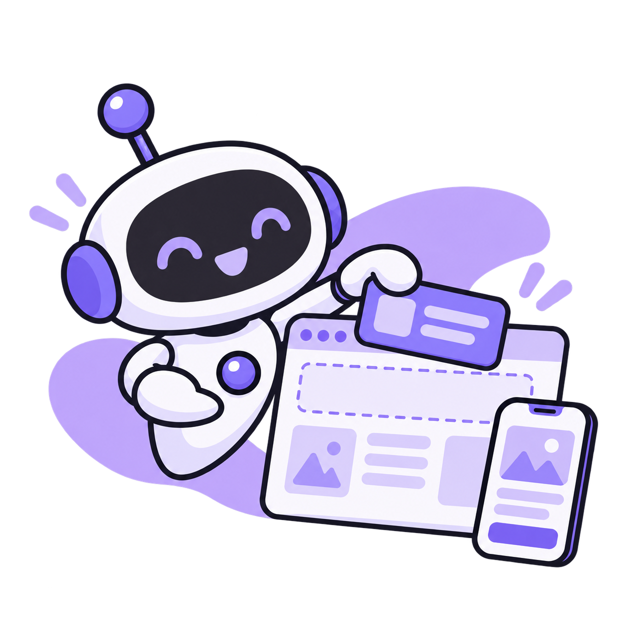 Robot de IA Brothers construyendo una página web para computadora y celular