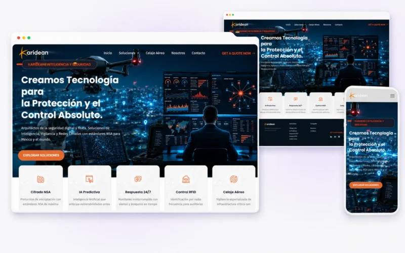 Vista responsive del sitio web de inteligencia y seguridad desarrollado para Karidean