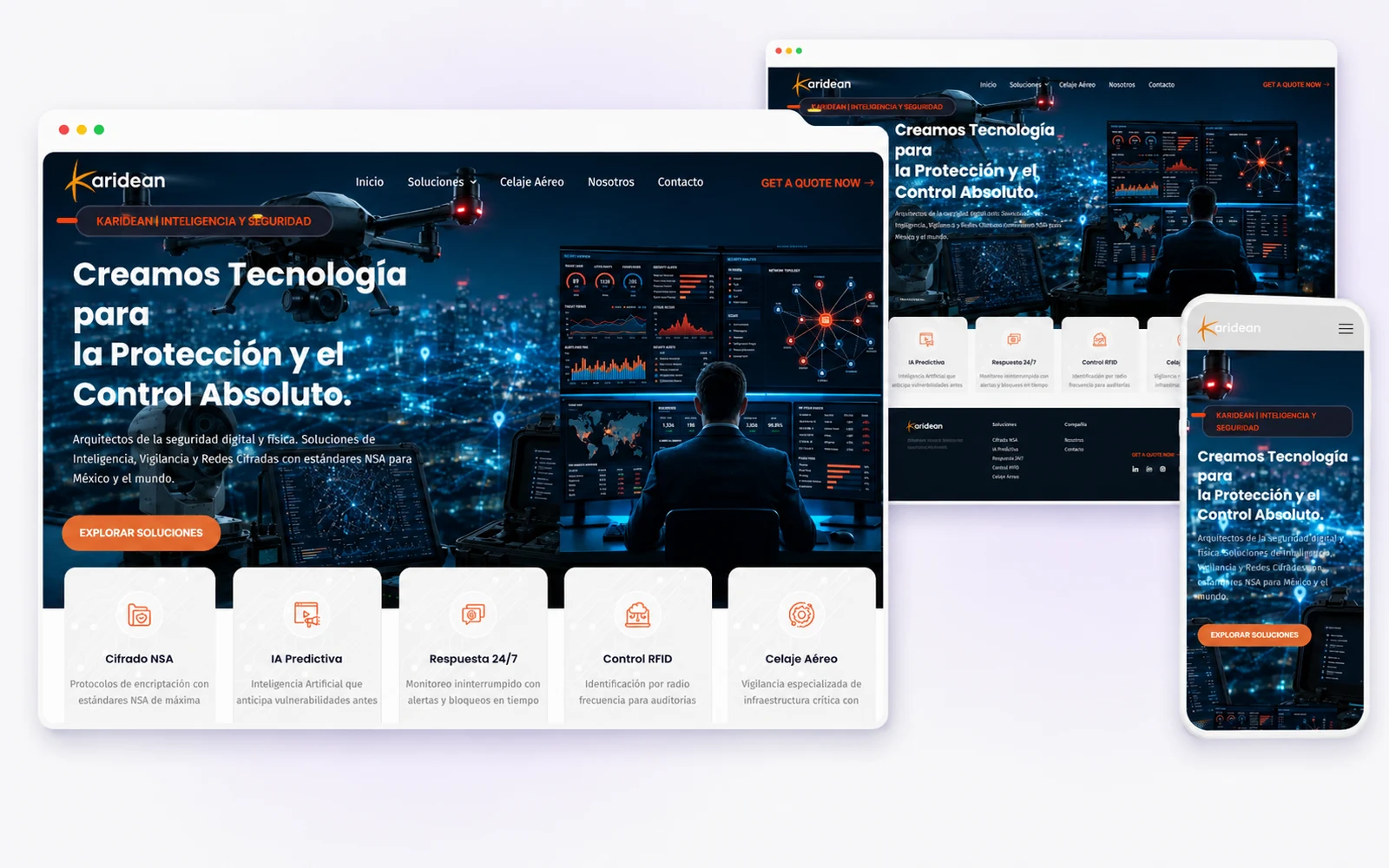 Vista responsive del sitio web de inteligencia y seguridad desarrollado para Karidean