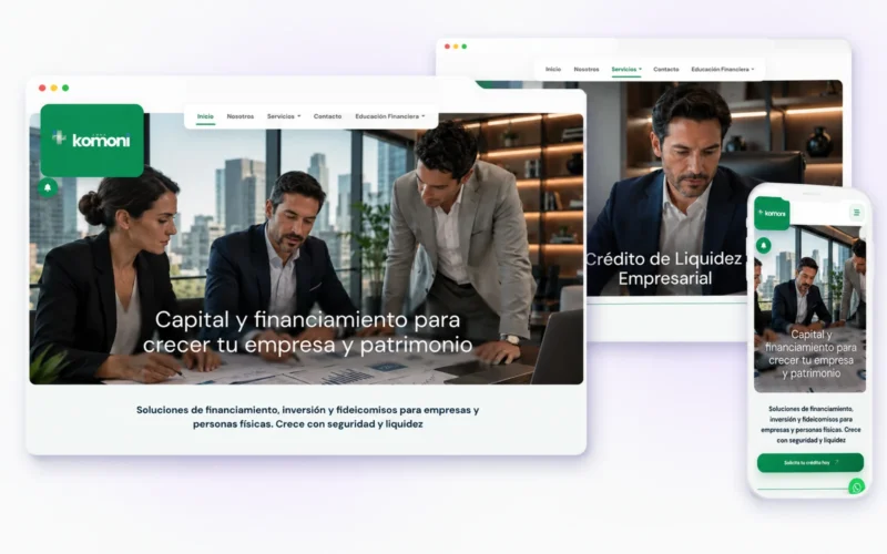 Vista responsive del sitio web financiero desarrollado para Komoni