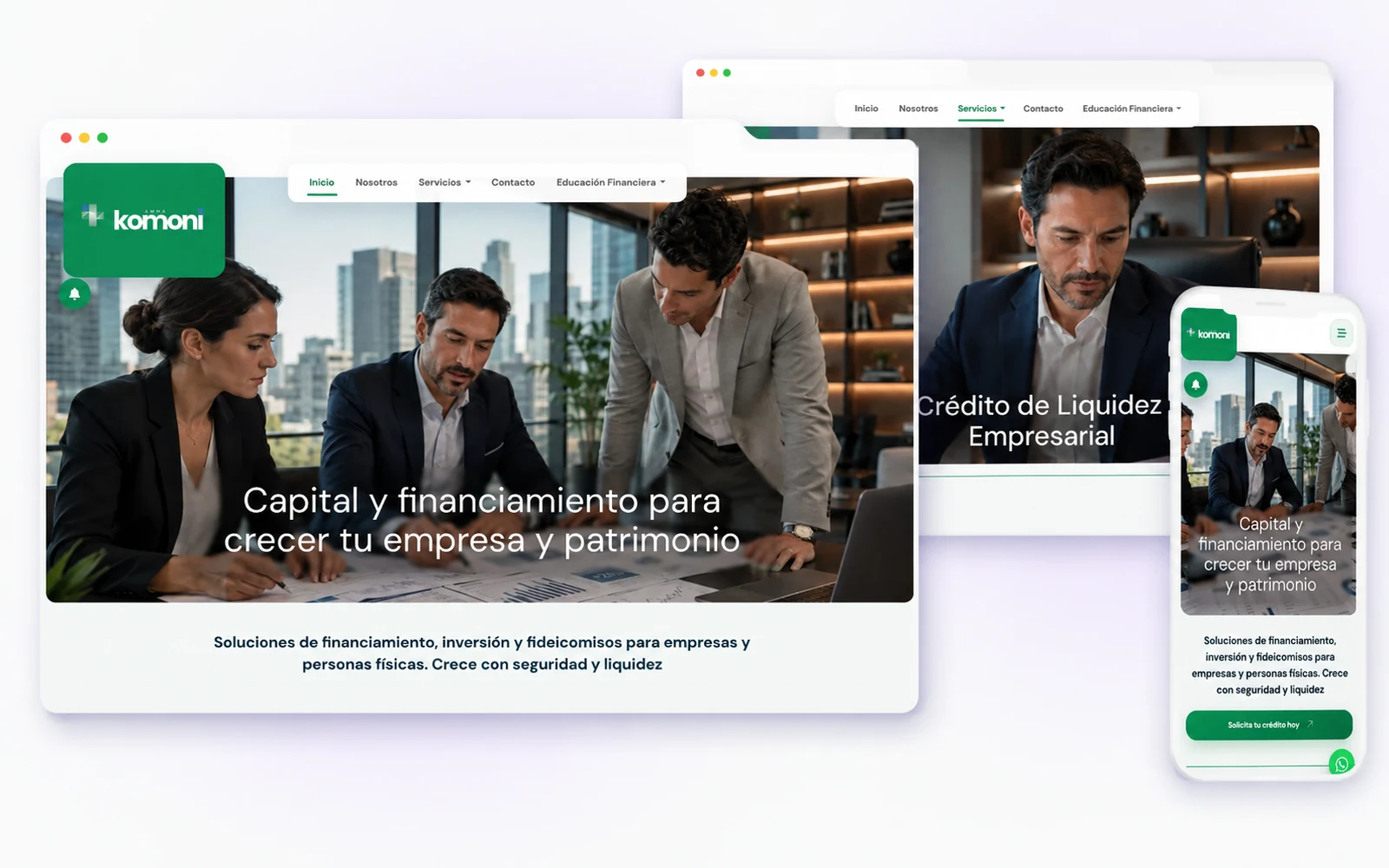 Vista responsive del sitio web financiero desarrollado para Komoni